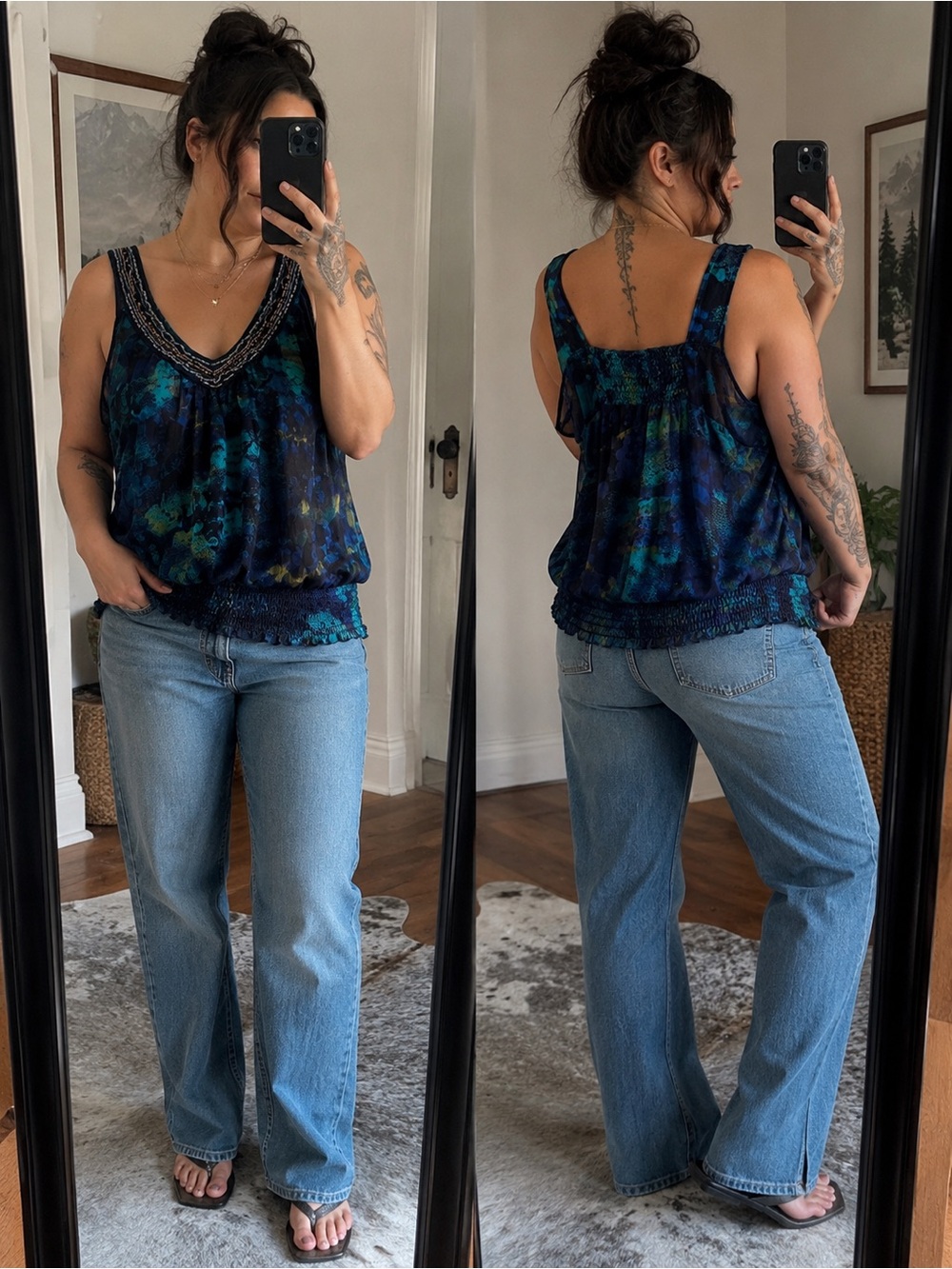 Daytrip Navy & Teal Beaded V-Neck Sheer Blouson Camisole